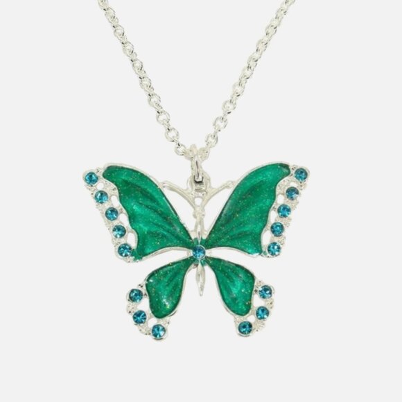 Large green butterfly pendant necklace in shiny enamel and blue crystals - Picture 1 of 7
